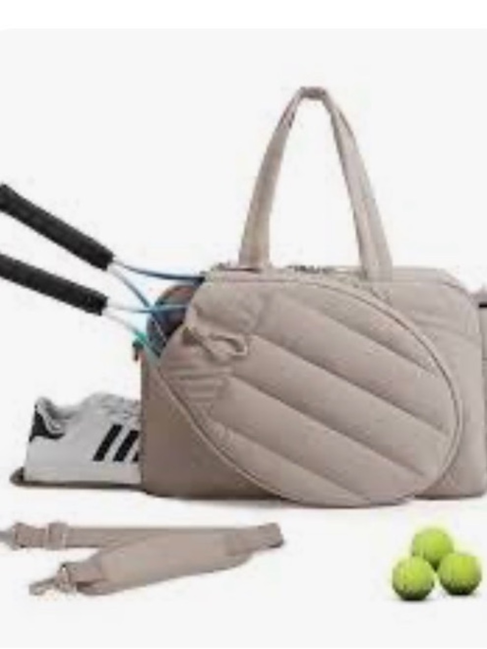 Taupe Quilted Travel Tennis Bag with Removable Shoulder Strap